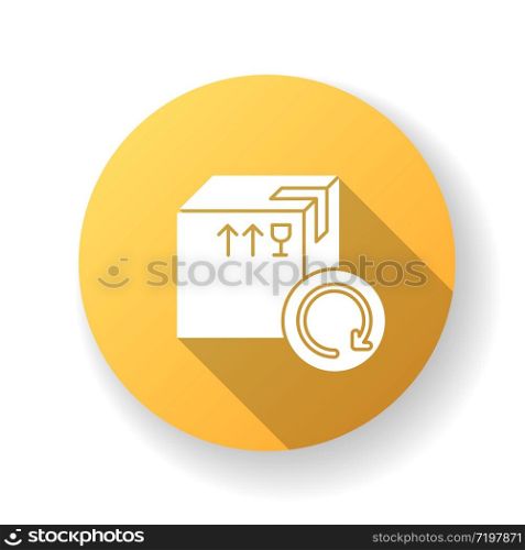 Purchase returns yellow flat design long shadow glyph icon. Order guarantee, customer support service, consumer rights protection. Return shipping, transportation. Silhouette RGB color illustration