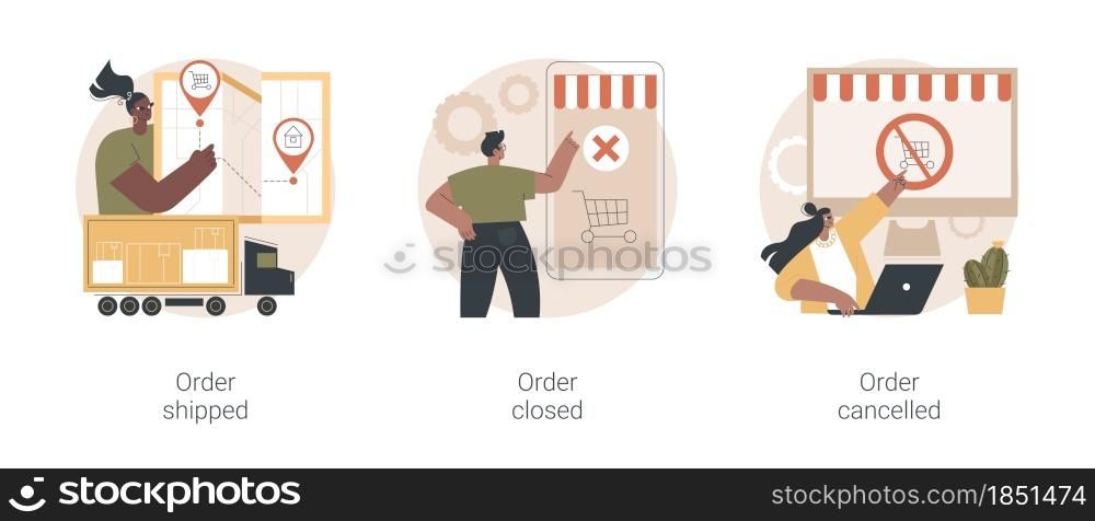Purchase status abstract concept vector illustration set. Order shipped, customer account, personal data, order closed, e-commerce store notification, purchase cancelled abstract metaphor.. Purchase status abstract concept vector illustrations.