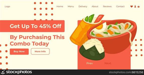 Purchase this combination today and get up to forty five percent off. Discount and sale on meal in restaurant, cafe services. Website landing page template, online site. Vector in flat style. Get discount by purchasing meal combination web