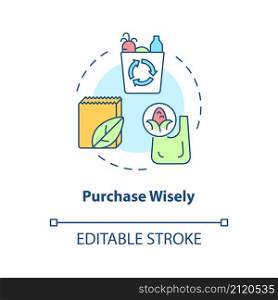 Purchase wisely concept icon. Buy disposable bags. Minimize waste abstract idea thin line illustration. Isolated outline drawing. Editable stroke. Roboto-Medium, Myriad Pro-Bold fonts used. Purchase wisely concept icon