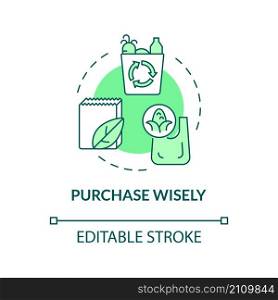 Purchase wisely green concept icon. Buy disposable bags. Minimize waste abstract idea thin line illustration. Isolated outline drawing. Editable stroke. Roboto-Medium, Myriad Pro-Bold fonts used. Purchase wisely green concept icon