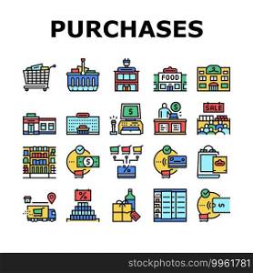 Purchases And Shopping Collection Icons Set Vector. Food And Clothes, Electronics And Drinks Market Shopping, Seasonal Sale And Seller Concept Linear Pictograms. Contour Color Illustrations. Purchases And Shopping Collection Icons Set Vector