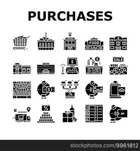 Purchases And Shopping Collection Icons Set Vector. Food And Clothes, Electronics And Drinks Market Shopping, Seasonal Sale And Seller Glyph Pictograms Black Illustrations. Purchases And Shopping Collection Icons Set Vector
