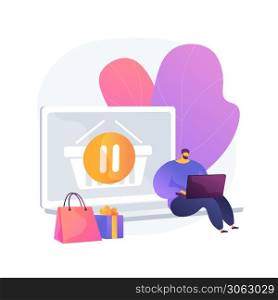 Purchases suspension, pause in shopping, postponing buy until later. Stop buying, enough goods, decline in shopping activity. Buyer cartoon character. Vector isolated concept metaphor illustration.. Purchases suspension vector concept metaphor.