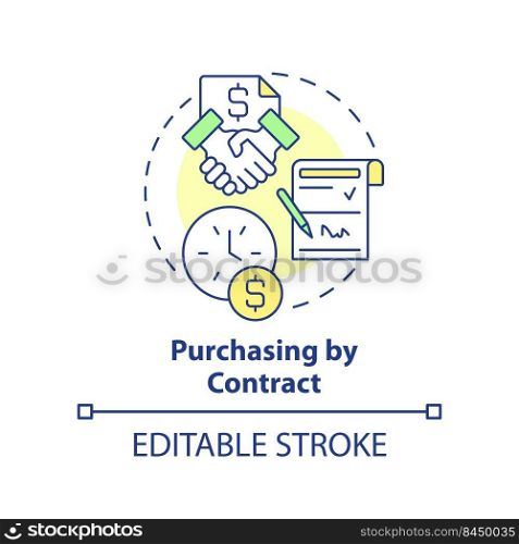 Purchasing by contract concept icon. Purchase order in business abstract idea thin line illustration. Contractual relation. Isolated outline drawing. Editable stroke. Arial, Myriad Pro-Bold fonts used. Purchasing by contract concept icon