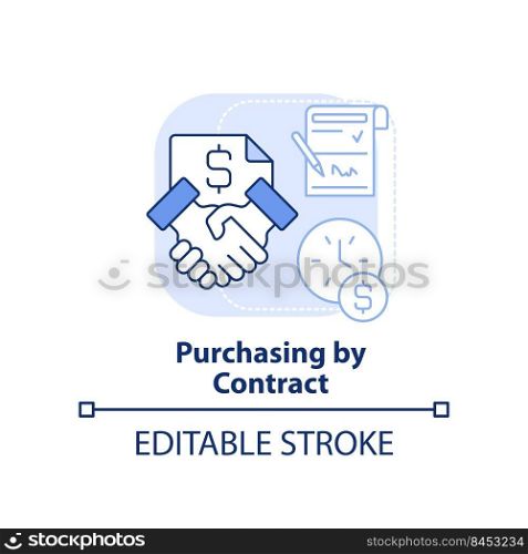 Purchasing by contract light blue concept icon. Purchase order in business abstract idea thin line illustration. Agreement. Isolated outline drawing. Editable stroke. Arial, Myriad Pro-Bold fonts used. Purchasing by contract light blue concept icon