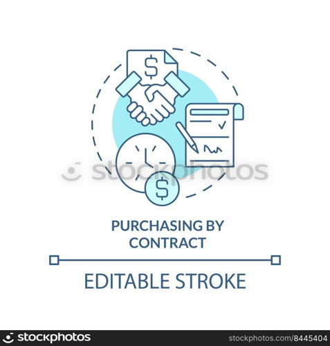 Purchasing by contract turquoise concept icon. Purchase order in business abstract idea thin line illustration. Agreement. Isolated outline drawing. Editable stroke. Arial, Myriad Pro-Bold fonts used. Purchasing by contract turquoise concept icon