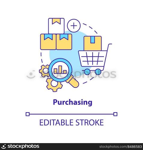 Purchasing concept icon. Products and materials. Element of supply chain management abstract idea thin line illustration. Isolated outline drawing. Editable stroke. Arial, Myriad Pro-Bold fonts used. Purchasing concept icon