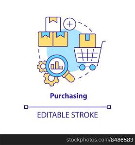 Purchasing concept icon. Products and materials. Element of supply chain management abstract idea thin line illustration. Isolated outline drawing. Editable stroke. Arial, Myriad Pro-Bold fonts used. Purchasing concept icon