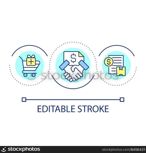 Purchasing contract loop concept icon. Incentives in procurement abstract idea thin line illustration. Financial agreement. Acquisition. Isolated outline drawing. Editable stroke. Arial font used. Purchasing contract loop concept icon