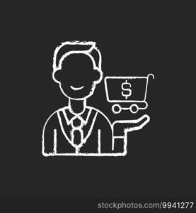 Purchasing department chalk white icon on black background. Responsibility for buying goods, products. Inventory management. Identifying reliable suppliers. Isolated vector chalkboard illustration. Purchasing department chalk white icon on black background