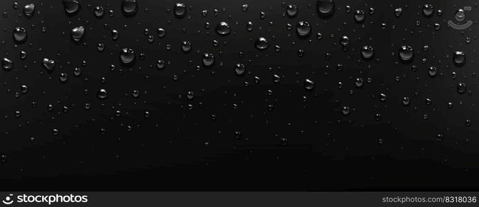 Pure clear water drops on black background. Transparent raindrops, steam, fog or vapour condensation on wet surface, dew or rain, vector realistic illustration. Pure clear water drops on black background