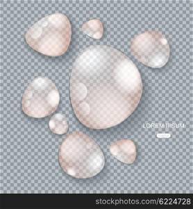 Pure clear water drops on gray transparent background, realistic set, vector illustration.