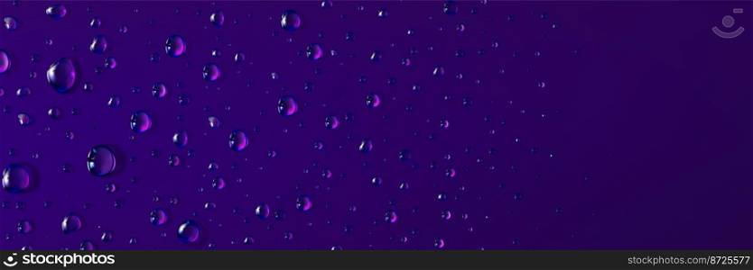 Pure clear water drops with reflection of neon pink light. Banner template with transparent dew, raindrops on purple background and copy space, vector realistic illustration. Pure clear water drops on purple wet surface