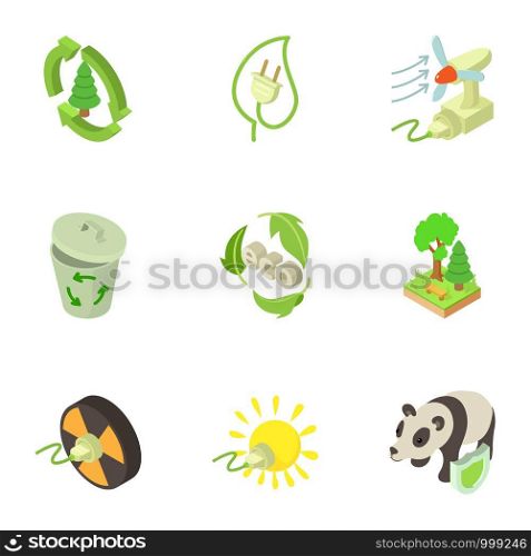 Pure energy icons set. Isometric set of 9 pure energy vector icons for web isolated on white background. Pure energy icons set, isometric style