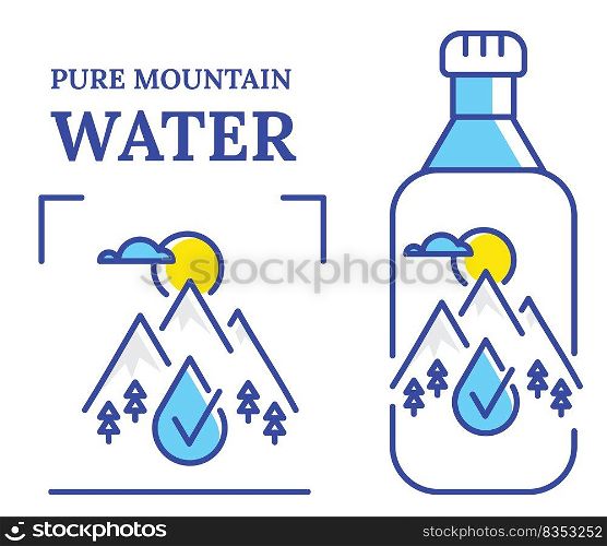 Pure mountain water symbol vector illustration. Bottle of water label template with mountains and water drop.