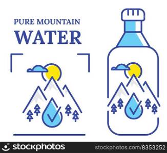 Pure mountain water symbol vector illustration. Bottle of water label template with mountains and water drop.