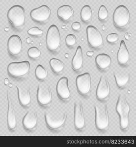 Pure rain drops realistic set. Cold water drip, transparent drop. Isolated tear or droplet, rain effect element. Condensat drips bubbles pithy vector elements of drip rain water illustration. Pure rain drops realistic set. Cold water drip, transparent drop. Isolated tear or droplet, rain effect element. Condensat drips bubbles pithy vector elements