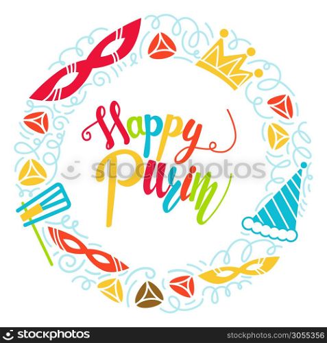 Purim greeting card in doodle style with with carnival mask, hats, crown, noise make and hamantaschen. Colorful vector illustration. Isolated on white background. Happy purim greeting card