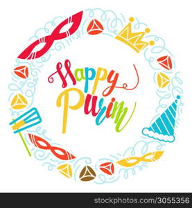 Purim greeting card in doodle style with with carnival mask, hats, crown, noise make and hamantaschen. Colorful vector illustration. Isolated on white background. Happy purim greeting card