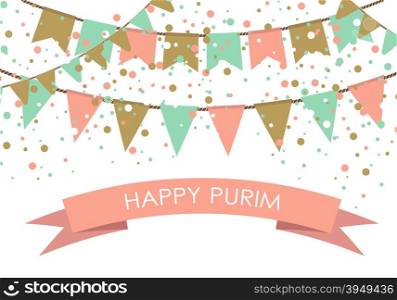 Purim holiday card or banner design. . Purim holiday card or banner design. Flag garlands and confetti on white background. Design for purim carnival.