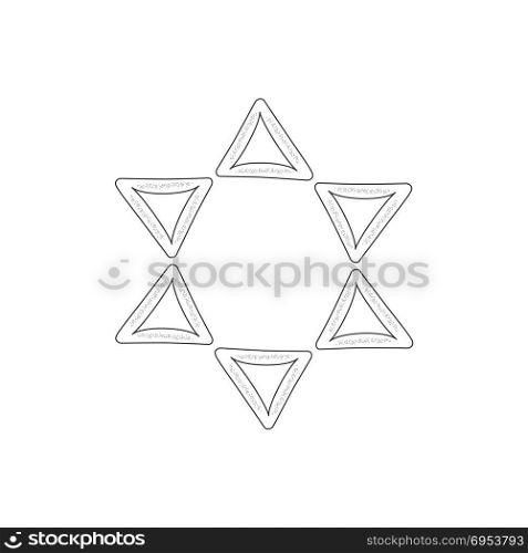 Purim holiday flat design black thin line icons of hamantashs in star of david shape. Vector eps10 illustration.