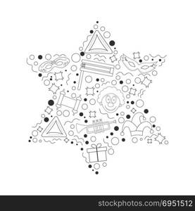 Purim holiday flat design black thin line icons set in star of david shape. Vector eps10 illustration.