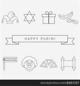 Purim holiday flat design black thin line icons set with text in english Happy Purim. Vector eps10 illustration.