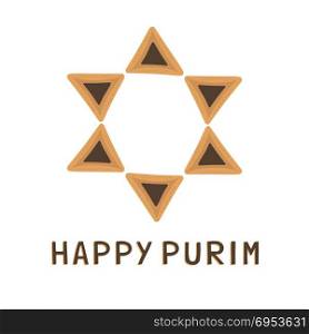 "Purim holiday flat design icons of hamantashs in star of david shape with text in english "Happy Purim". Vector eps10 illustration."