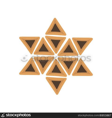 Purim holiday flat design icons of hamantashs in star of david shape. Vector eps10 illustration.
