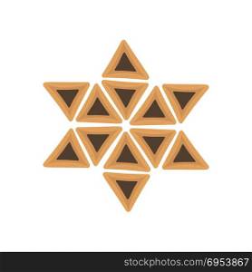 Purim holiday flat design icons of hamantashs in star of david shape. Vector eps10 illustration.