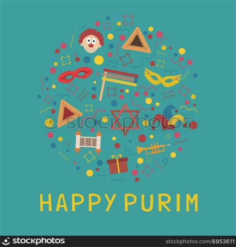 "Purim holiday flat design icons set in round shape with text in english "Happy Purim". Vector eps10 illustration."