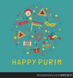 "Purim holiday flat design icons set in round shape with text in english "Happy Purim". Vector eps10 illustration."