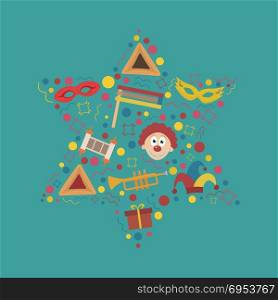 Purim holiday flat design icons set in star of david shape. Vector eps10 illustration.