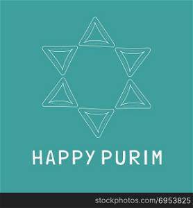 "Purim holiday flat design white thin line icons of hamantashs in star of david shape with text in english "Happy Purim". Vector eps10 illustration."