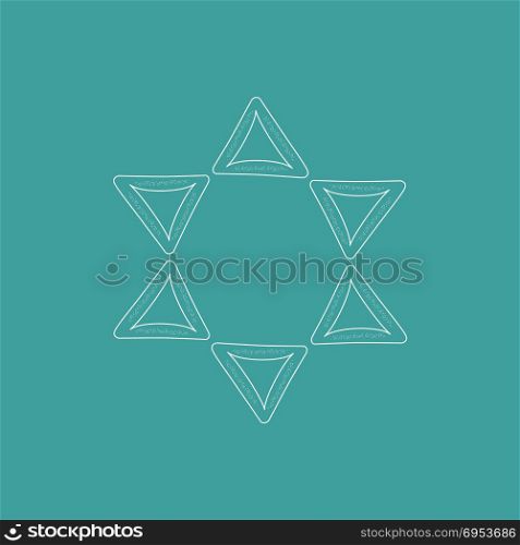 Purim holiday flat design white thin line icons of hamantashs in star of david shape. Vector eps10 illustration.