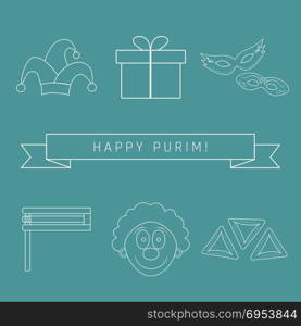 Purim holiday flat design white thin line icons set with text in english Happy Purim. Vector eps10 illustration.