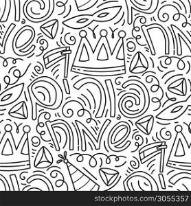Purim seamless pattern with carnival mask, hats, crown, noise make, hamantaschen and Hebrew text Happy Purim. Black and white vector illustration in hand drawn doodles stiyle.. Happy Purim seamless pattern