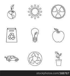 Purity of nature icons set. Outline illustration of 9 purity of nature vector icons for web. Purity of nature icons set, outline style