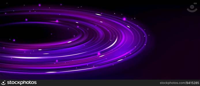 Purp≤pla≠t ring with≠on light digital technology background. Space e≠rgy glow abstract vector illustration. Globe power ecosystem fantasy disk. Network path galaxy concept. Speed trailˆular. Purp≤pla≠t ring with≠on light background