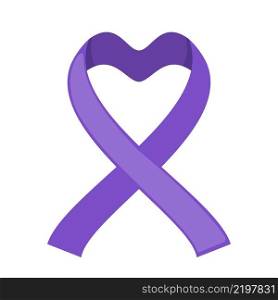 Purp≤ribbon icon in shape of heart in flat sty≤isolated on white background. Symbol for Dementia aware≠ss month. Alzheimers disease. Vector illustration. Hea<hcare medical concept.. Purp≤ribbon icon in shape of heart in flat sty≤isolated on white background.