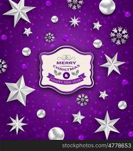 Purple Abstract Celebration Card with Silver Stars and Decoration. Illustration Purple Abstract Celebration Card with Silver Stars and Decoration for Merry Christmas - Vector