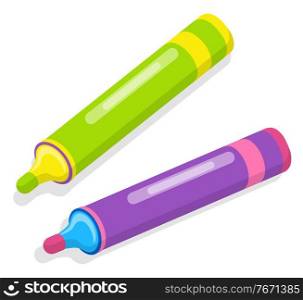 Purple and green felt-tip pen icon isolated on white. Colorful stationery, office supplies for writing, drawing or marking text. Back to school concept. Isometric style objects vector illustration. Purple Felt-Tip Pen icon Isometric Style Vector