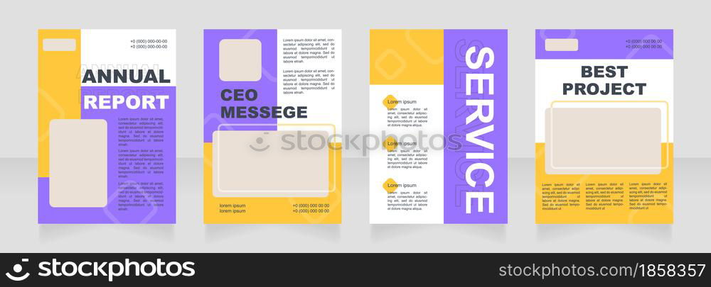 Purple and orange blank brochure layout design. Customer service info. Vertical poster template set with empty copy space for text. Premade corporate reports collection. Editable flyer paper pages. Purple and orange blank brochure layout design