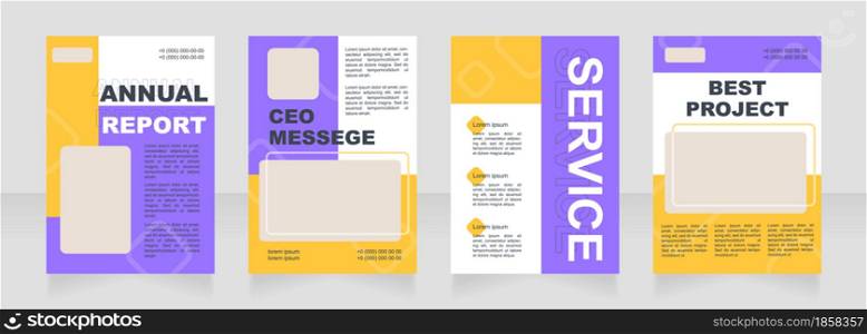 Purple and orange blank brochure layout design. Customer service info. Vertical poster template set with empty copy space for text. Premade corporate reports collection. Editable flyer paper pages. Purple and orange blank brochure layout design