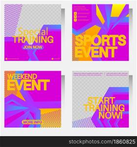 Purple and yellow sport social media banner templates with unique style. Business brochure collection. Leaflet, flyer, book cover, presentation, card template set for marketing.