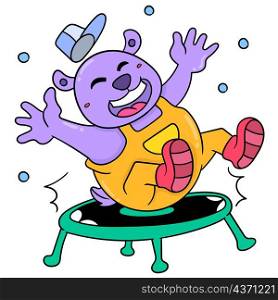 purple bear is having fun jumping and playing trampoline