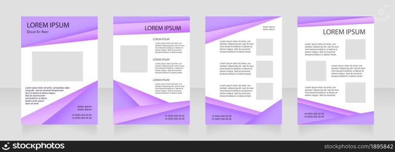Purple blank brochure layout design. Advertising information. Vertical poster template set with empty copy space for text. Premade corporate reports collection. Editable flyer paper pages. Purple blank brochure layout design