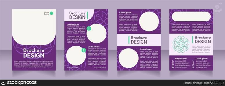 Purple boho ornamental blank brochure design. Template set with copy space for text. Premade corporate reports collection. Editable 4 paper pages. Roboto Light, Medium, Itim Regular fonts used. Purple boho ornamental blank brochure design
