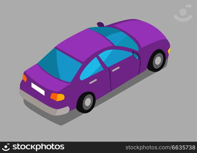 Purple car with blue windows vector illustration isolated on grey background. Sedan van in isometric design, transportation vehicle icon. Purple Car Window Vector Illustration Isolated